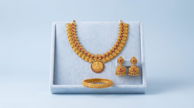 Gold temple necklace, jhumka earrings and a carved gold bangle