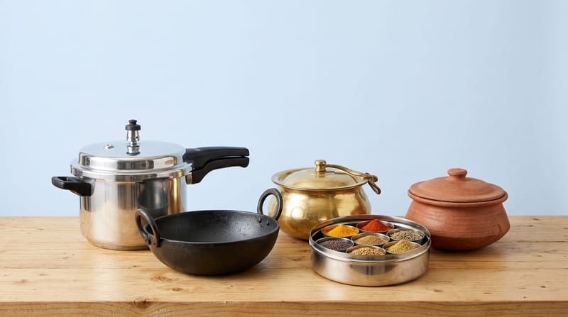 Pressure cooker, iron kadai, brass handi, masala dabba and clay pot