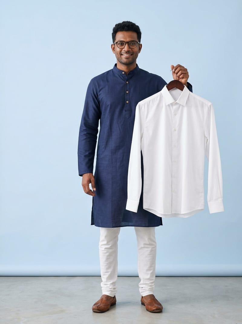 AI-generated model in a navy kurta and white churidar pyjama, holding up a white shirt on a hanger