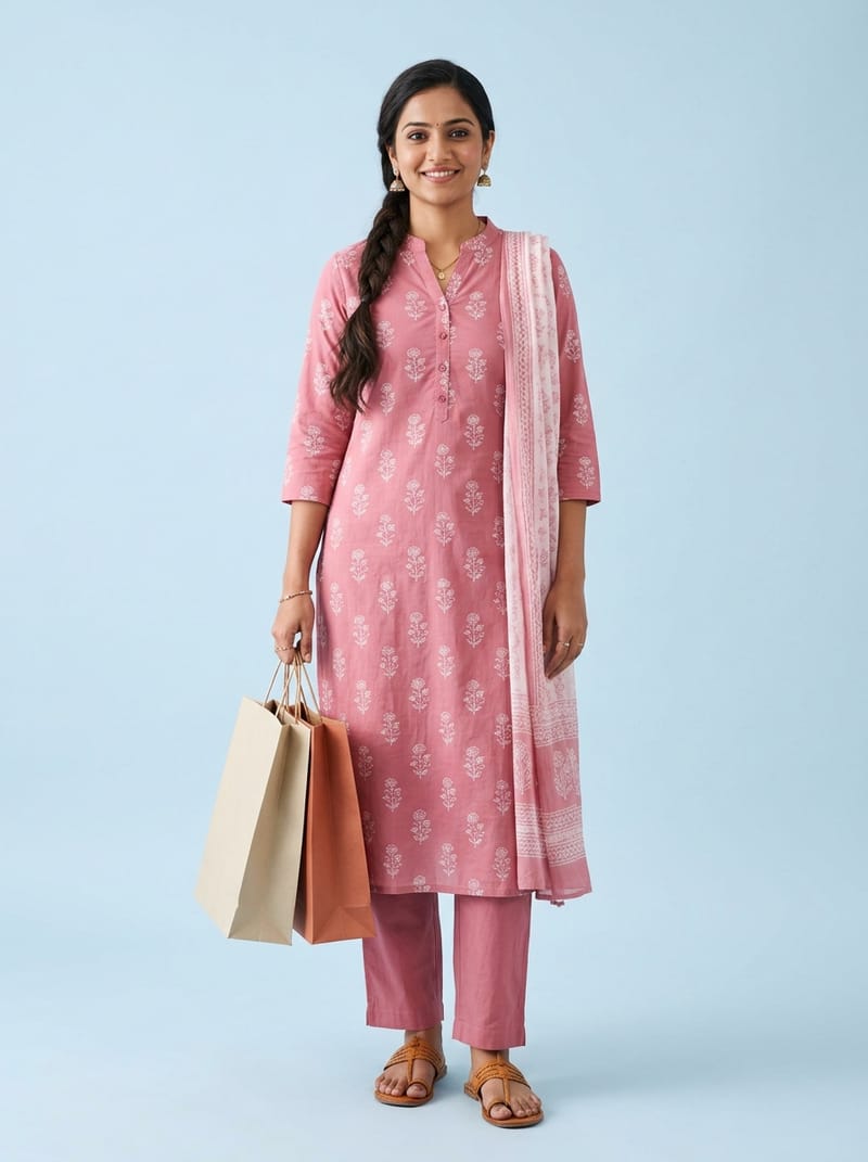 AI-generated model in a rose-pink block-print kurta and pyjama set, holding shopping bags