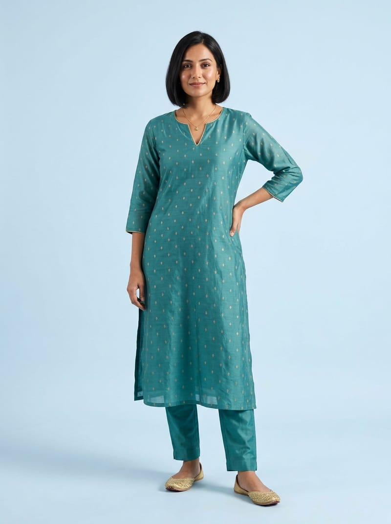 AI-generated model in a teal chanderi kurta and pyjama set with gold juttis