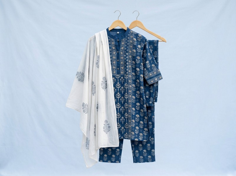 Indigo block-print kurta set